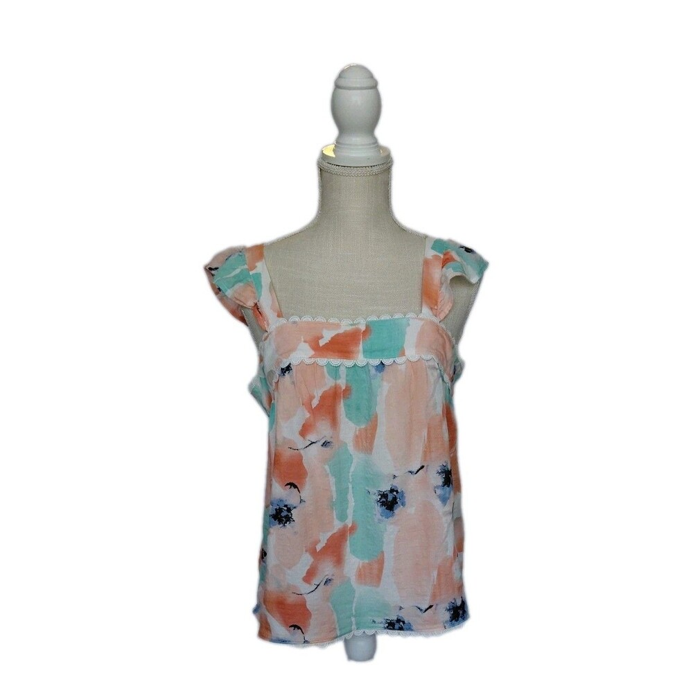 THML Coral Peach & Mint Watercolor Print Ruffled Strap Blouse
